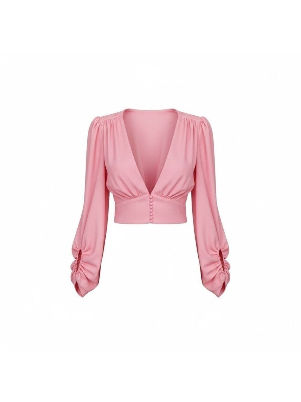 Signature8 Pink Deep V Crop Blouse Puff Sleeve